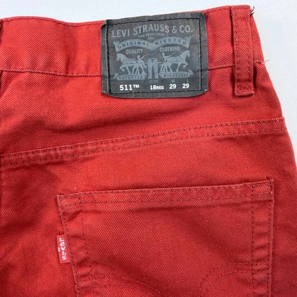 Levi's 511 Boys Youth Jeans 18 Reg 29x29 Burgundy Red Slim Fit Stretch Denim
